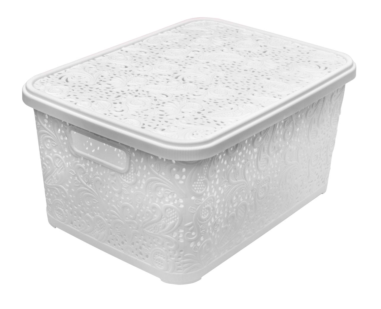 Кошик пластиковий Ажур з кришкою білий 18 літрів 39*28.5*20 см (Полімерпобут (для аркушів А4), фото 1