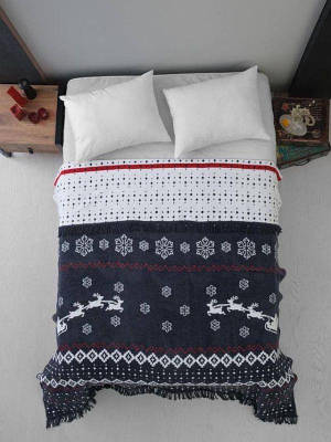 Плед з оленями новий рік бавовна Vefa Vegas темно синій 200х220см