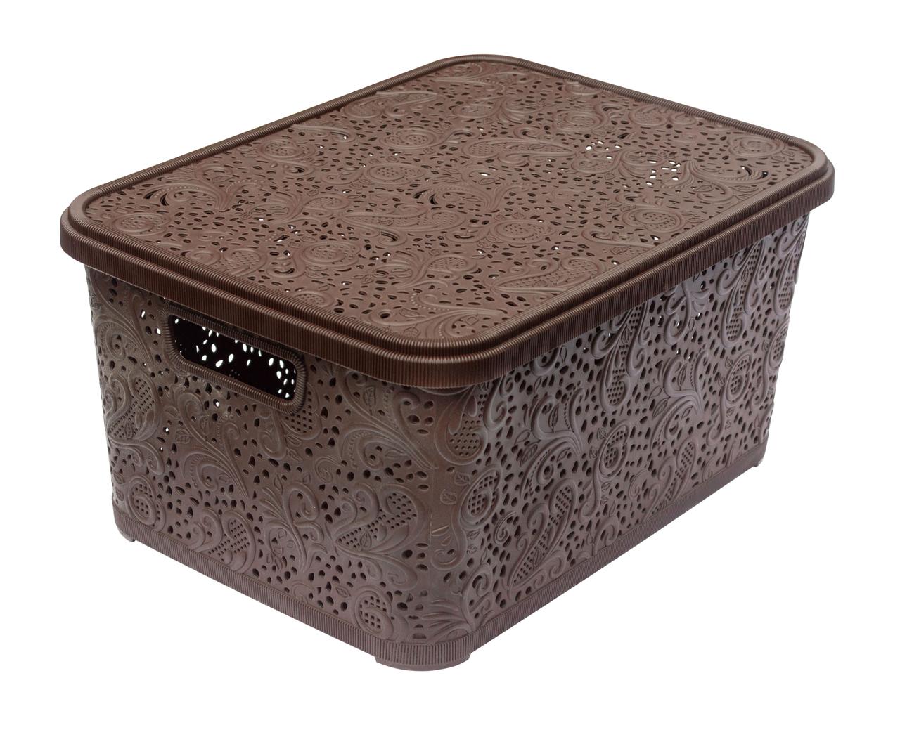 Кошик пластиковий Ажур з кришкою коричневий 18 літрів 39*28.5*20 см (Полімерпобут) (для аркушів А4)
