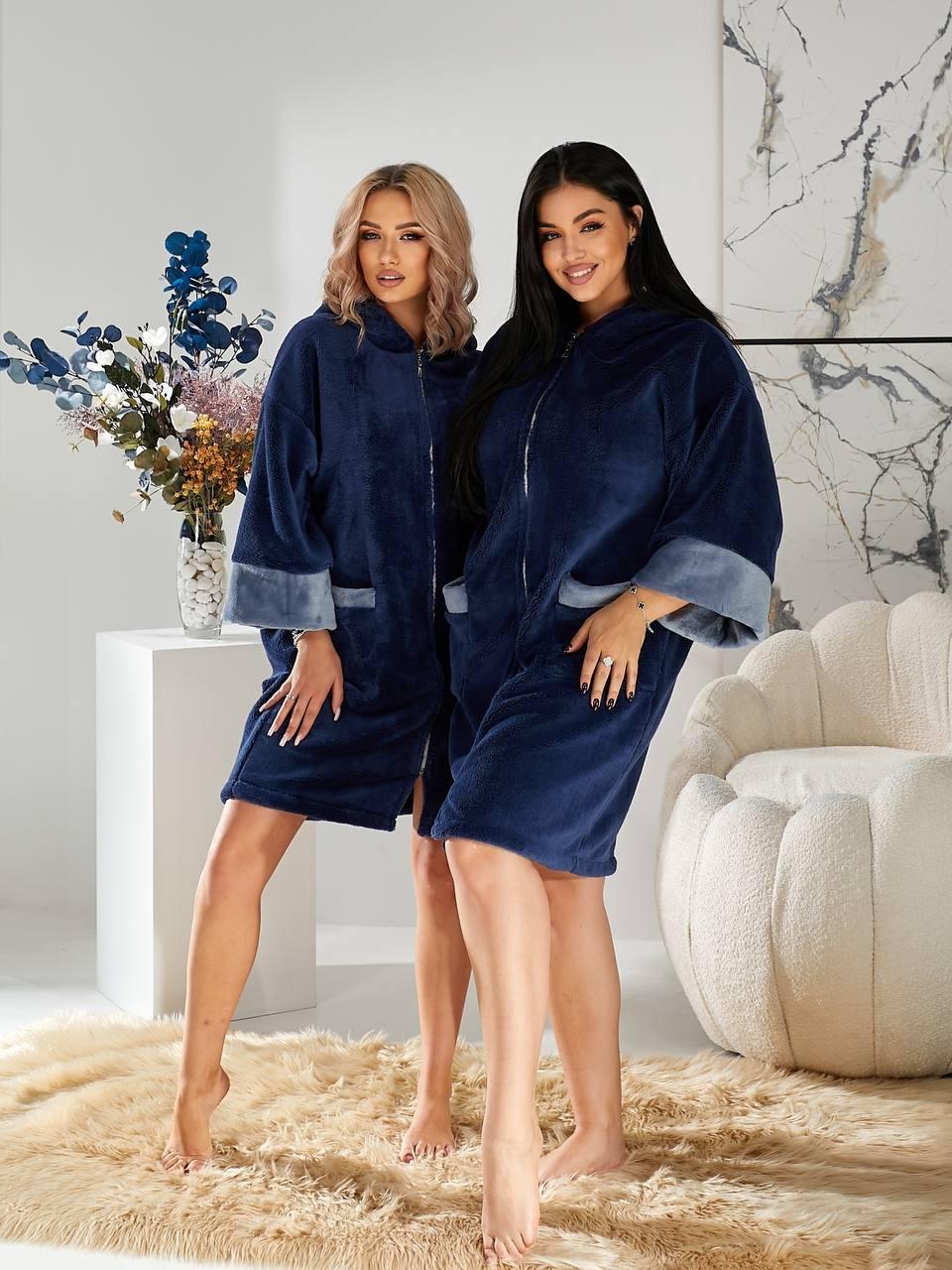 Халат з капюшоном у вільному крою у синьому кольорі, фото 1