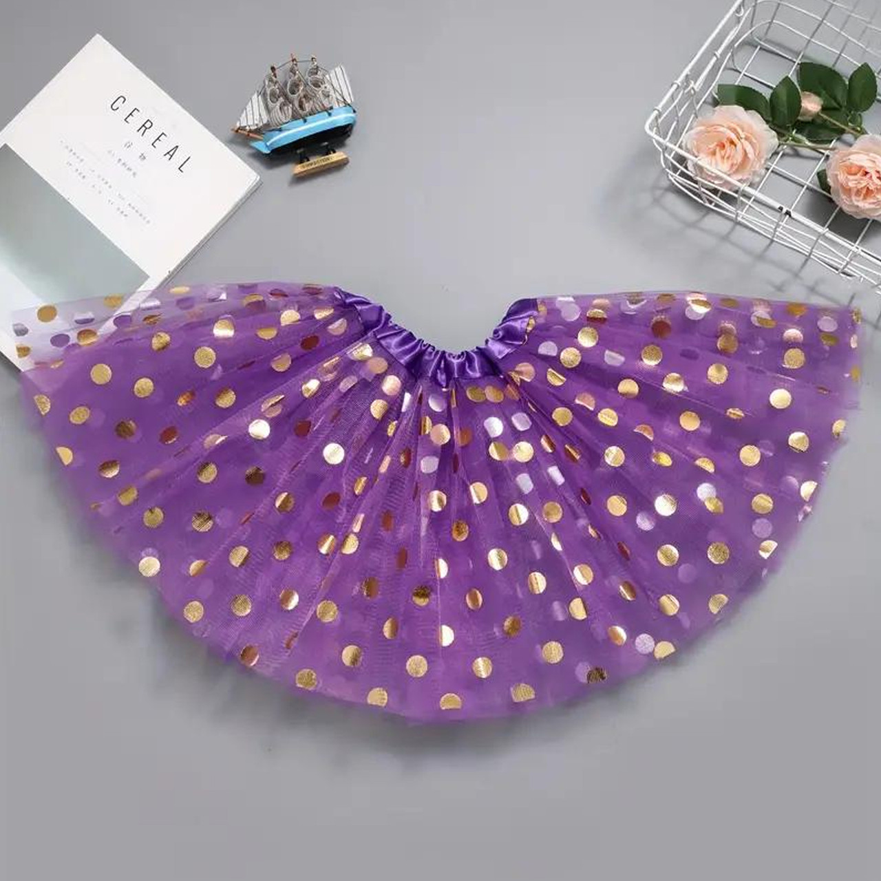 Фатинова спідниця фіолетова в золотий горошок. Спідниця-пачка фіолетова, фото 1