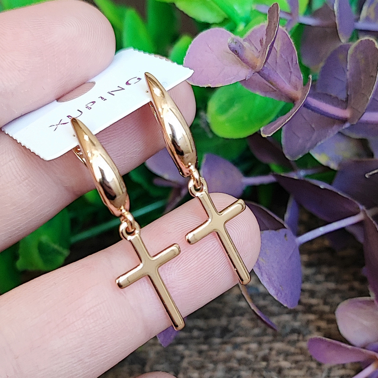 Сережки хрестики Xuping довжина 3.5см ширина 1см медичне золото позолота 18К с1513
