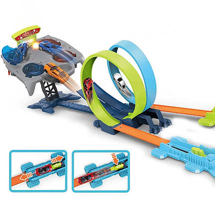 Трек гоночний для машинок іграшковий (2 металопластикові машинки, звук, підсвічування, запускачі) JJ 165, фото 2