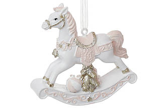 Ялинкова іграшка Символ року 2026 Конячка-гойдалка біло-рожева 8 см