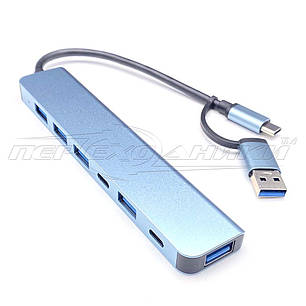 HUB міні Type-C (USB) to 1*USB 3.0 + 4*USB 2.0 + 2*type C, преміум, фото 1