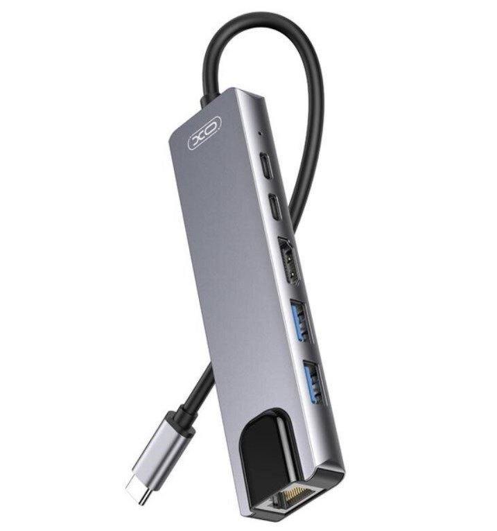 HUB адаптер 6 в 1 XO HUB013 Type-C, сірий, фото 1