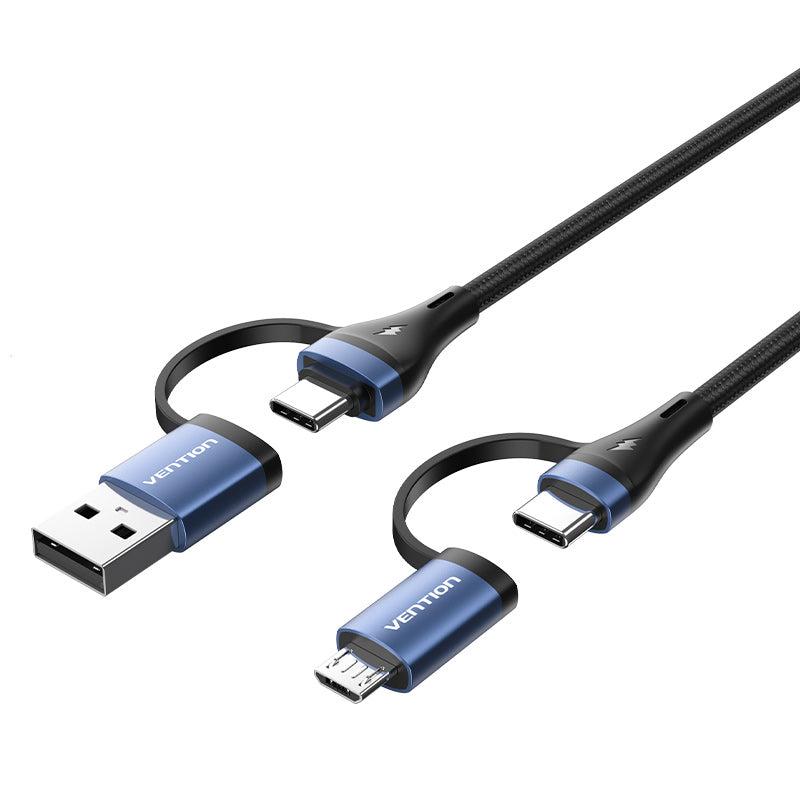Кабель зарядний Vention 4-в-1 USB 2.0 Type-A Male + USB-C Male to USB-C Male + Micro Type-B 1.5 м Black (CTLLG), фото 1