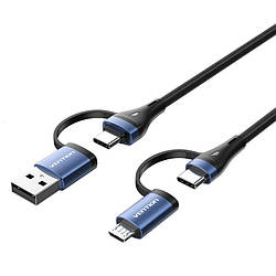 Кабель зарядний Vention 4-в-1 USB 2.0 Type-A Male + USB-C Male to USB-C Male + Micro Type-B 1.5 м Black (CTLLG)