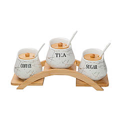 Набір банок для чаю кави цукру по 500мл з керамічними ложками, дерев'яна підставка кухонні ємності зі зберіганням