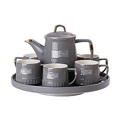 Чайний сервіз на 6 персон із чайником заварником на керамічній підставці сірий Lugi