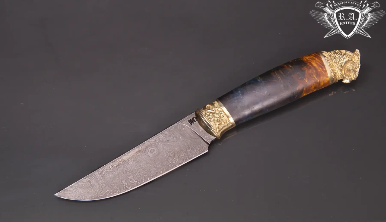 Ніж ручної роботи "Нічний птах" 130х34х4мм із дамаської сталі та колодкою з капа клена, фото 1