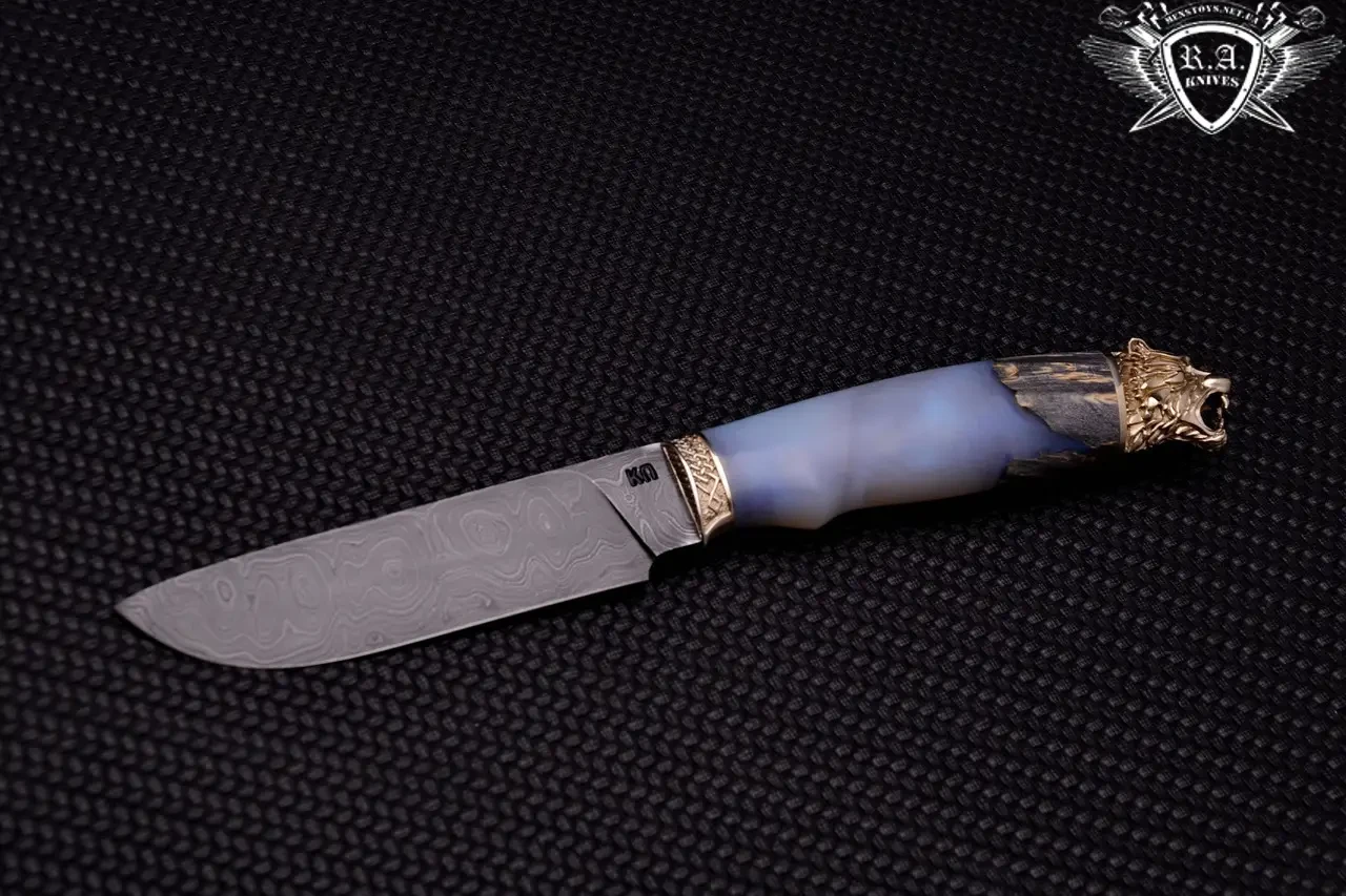 Ніж ручної роботи "Сніжний барс" 130х30х4мм із дамаської сталі та колодкою з гібриду, фото 1