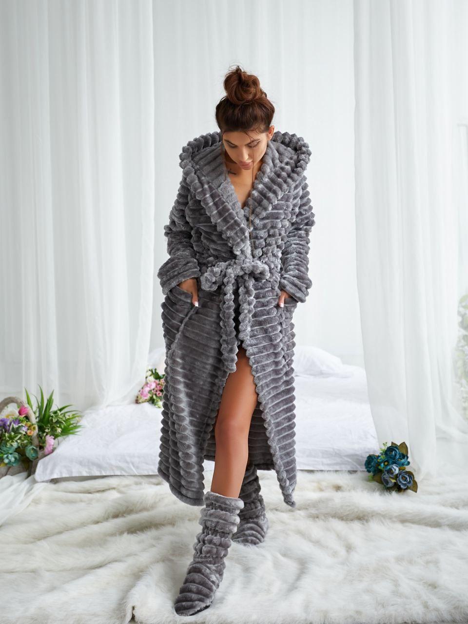 Жіночий довгий халат з чобітками у кольорі сірий, фото 1