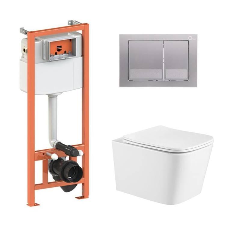 Комплект: Qtap Crow Ultra Quiet подвесной унитаз QT05335171W + Nest комплект установки 4в1 (квадратная клавиша Satin) QT0133M425 +