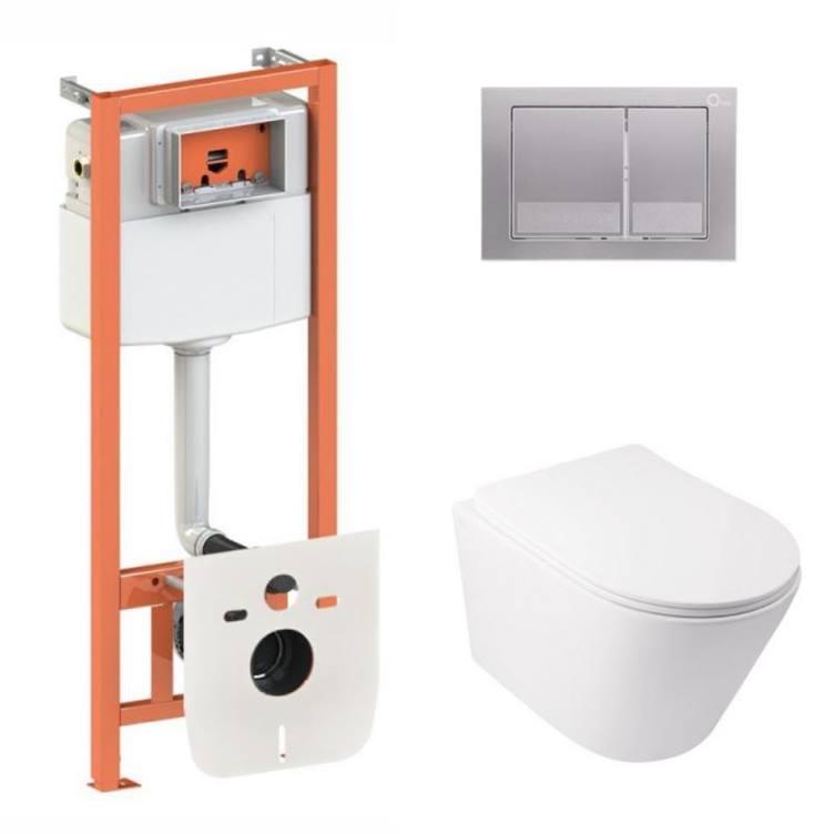 Комплект: Qtap Swan Ultra Quiet подвесной унитаз QT16335179W + Nest комплект установки 4в1 (квадратная клавиша Satin) QT0133M425 +