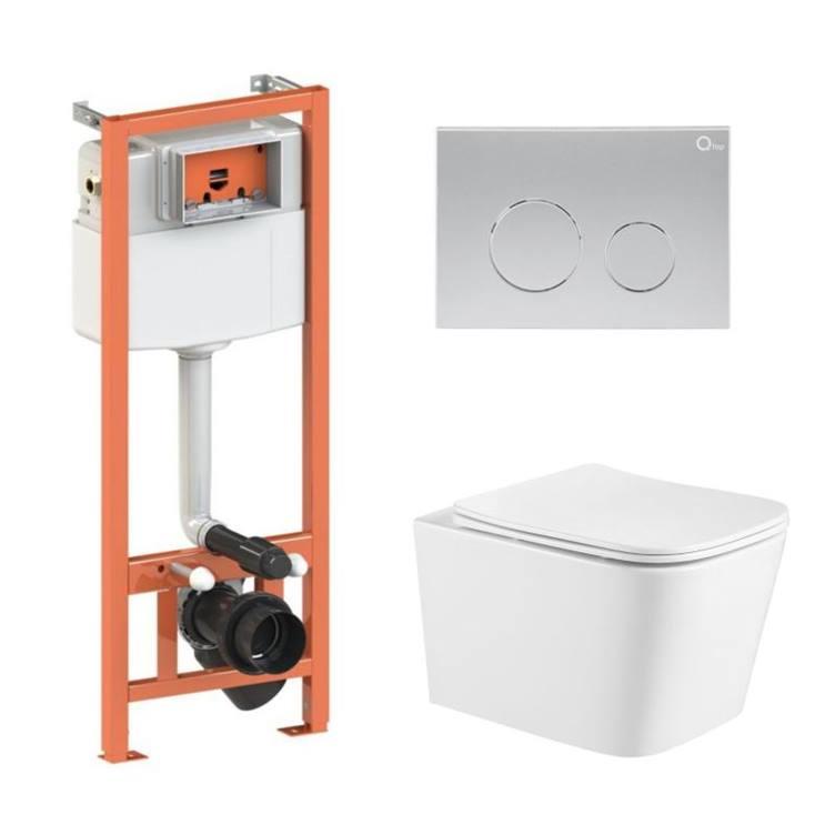 Комплект: Qtap Crow Ultra Quiet подвесной унитаз QT05335171W + Nest комплект установки 4в1 (круглая клавиша Satin) QT0133M425 +