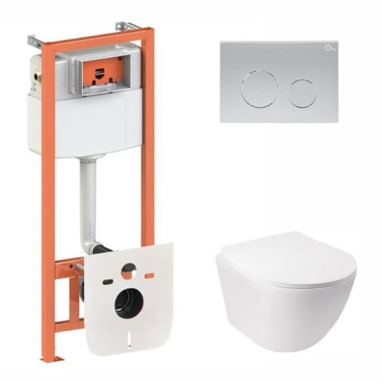 Комплект: Qtap Jay Ultra Quiet подвесной унитаз QT07335177W + Nest комплект установки 4в1 (круглая клавиша Satin) QT0133M425 +
