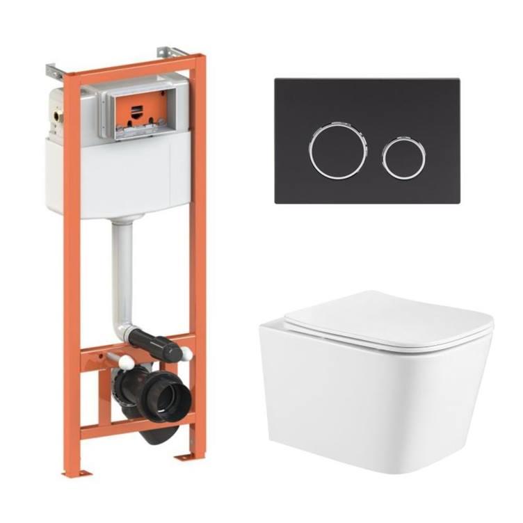 Комплект: Qtap Crow Ultra Quiet подвесной унитаз QT05335171W + Nest комплект установки 4в1 (круглая клавиша Black mat) QT0133M425