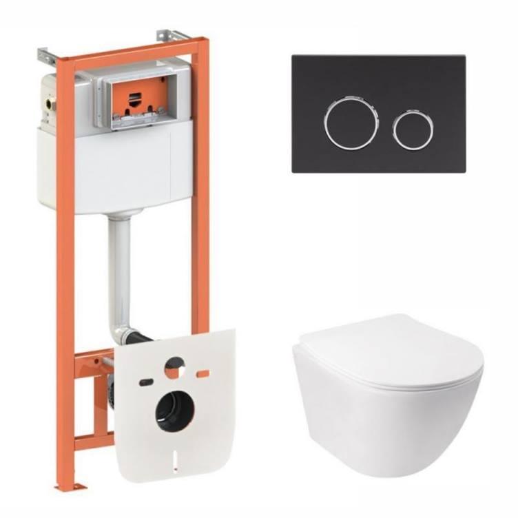 Комплект: Qtap Jay Ultra Quiet подвесной унитаз QT07335177W + Nest комплект установки 4в1 (круглая клавиша Black mat) QT0133M425 +