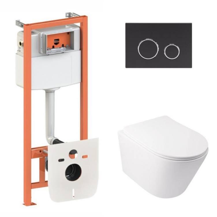 Комплект: Qtap Swan Ultra Quiet подвесной унитаз QT16335179W + Nest комплект установки 4в1 (круглая клавиша Black mat) QT0133M425