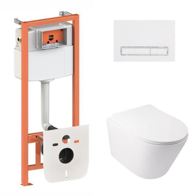Комплект: Qtap Swan Ultra Quiet подвесной унитаз QT16335179W + Nest комплект установки 4в1 (линейная клавиша White) QT0133M425 +