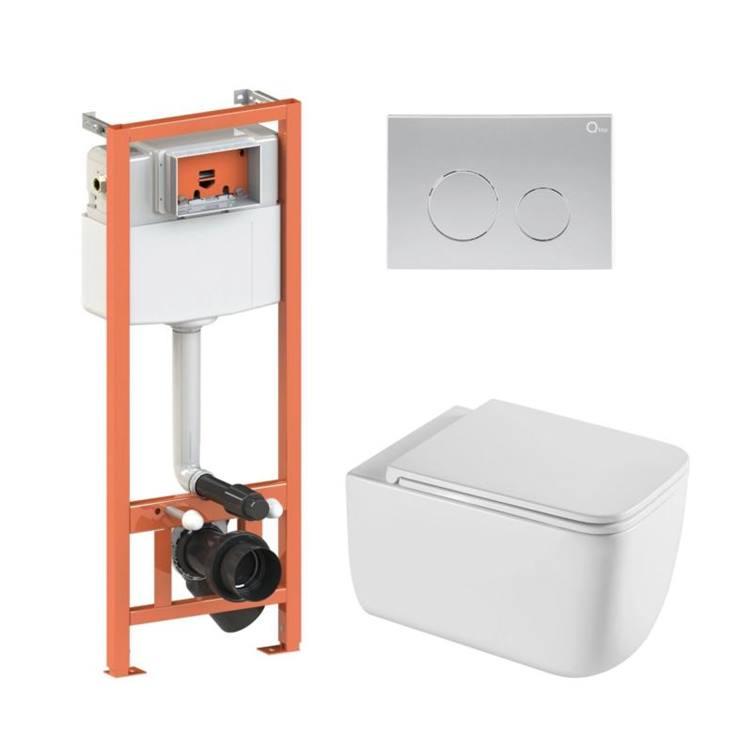 Комплект: Qtap Gemini Ultra Quiet подвесной унитаз QT2533076EUQW + Nest комплект инсталляции 4в1 (Клавиша круглая Satin)