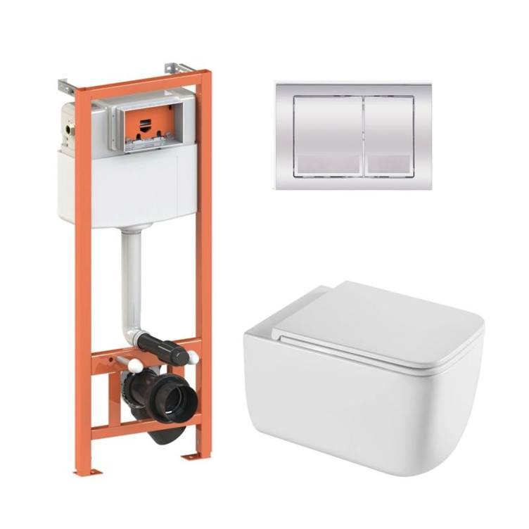Комплект: Qtap Gemini Ultra Quiet подвесной унитаз QT2533076EUQW + Nest комплект установки 4в1 (Клавиша квадратная Chrome)