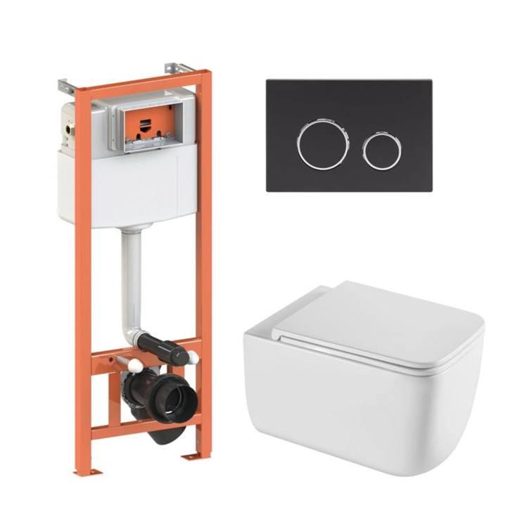 Комплект: Qtap Gemini Ultra Quiet подвесной унитаз QT2533076EUQW + Nest комплект установки 4в1 (Клавиша круглая Black mat)