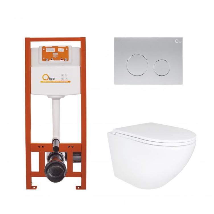 Комплект: Qtap Robin Ultra Quiet унітаз підвісний QT1333046EUQW + Nest комплект інсталяції 4в1 (кругла клавіша Satin) QT0133M425 +