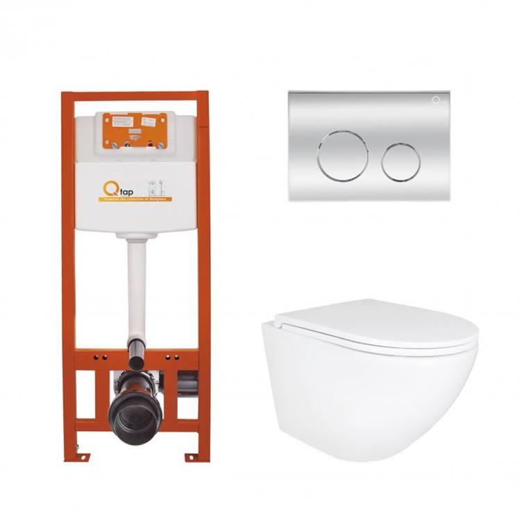 Комплект: Qtap Robin Ultra Quiet унітаз підвісний QT1333046EUQW + Nest комплект інсталяції 4в1 (кругла клавіша Chrome) QT0133M425