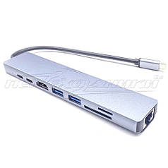 Конвертер Type-C to HDMI + 2*USB 3.0 + 2*Type-C + LAN 10/1000 Mb  RJ45 + 2*Card Reader