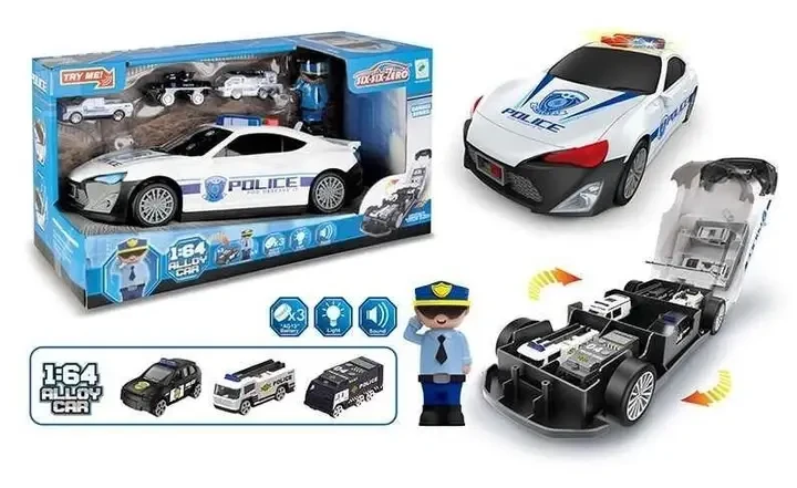 Дитячий гараж і паркінг Поліцейська машина 660 А-206, з 3 машинками та фігуркою, зі світлом і звуком, фото 1