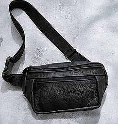 Бананка чоловіча шкіряна сумка через плече поясна чорна на 3 відділення. Живе фото