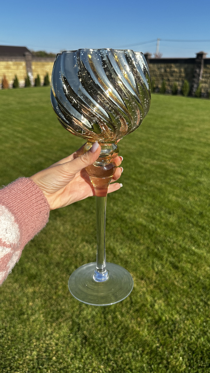 Підсвічник скляний на ніжці висота 30см, діаметр 13см, колір - шампань, фото 1