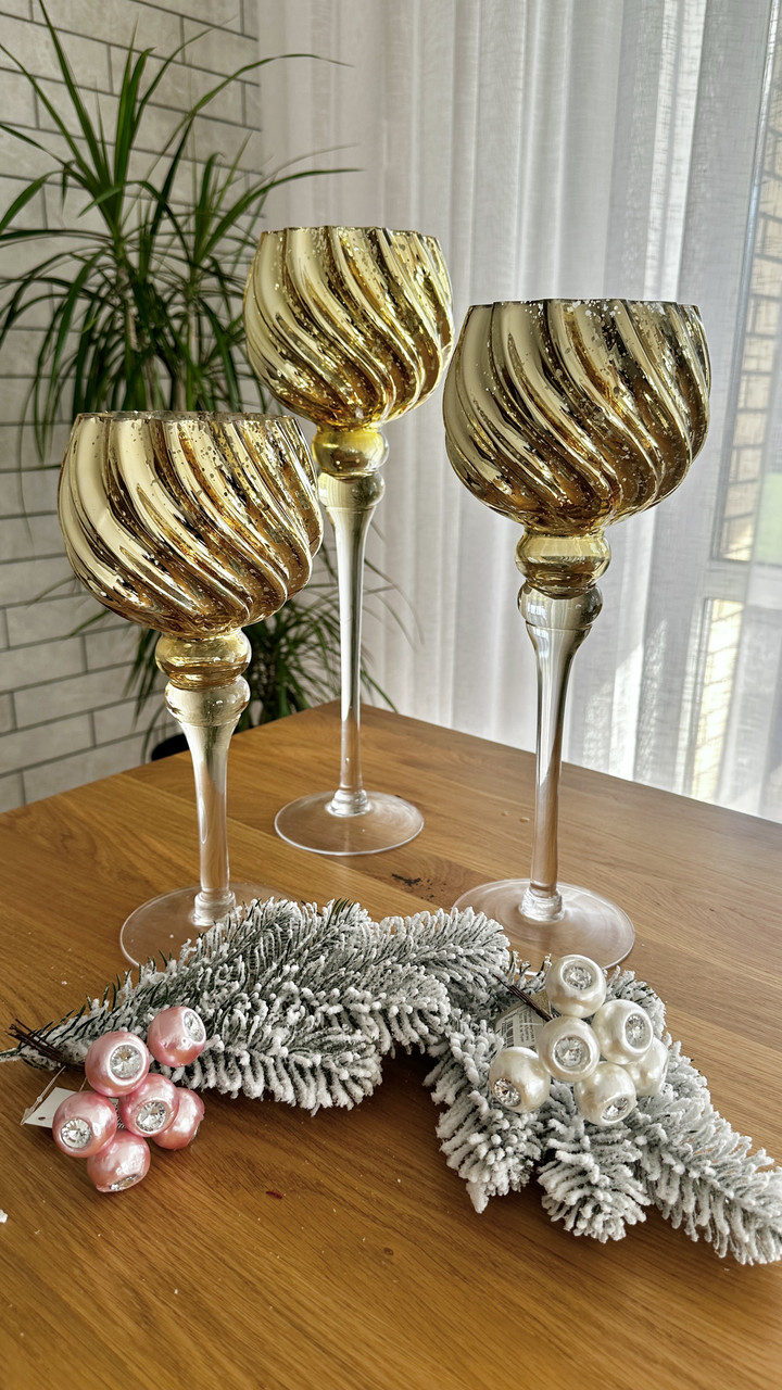 Підсвічник скляний на ніжці висота 35см, діаметр 13см, колір - шампань, фото 1