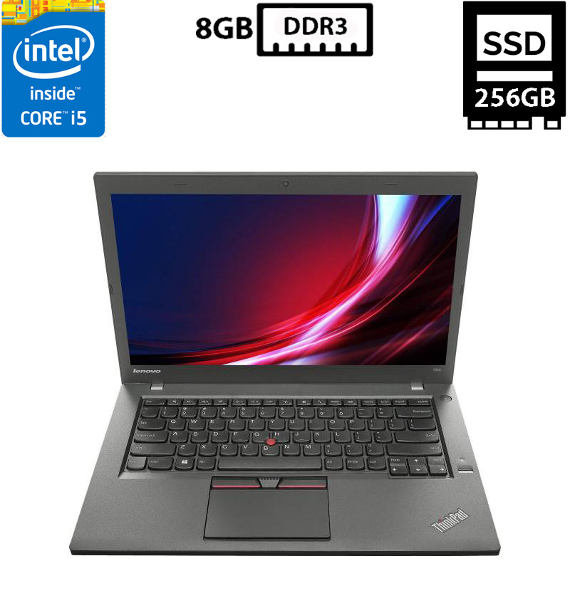 Ноутбук Lenovo ThinkPad T450/14” TN 1600x900/Core i5-5300U 2.30GHz/8GB DDR3/SSD 256GB/Intel HD Graphics Камера Б/В