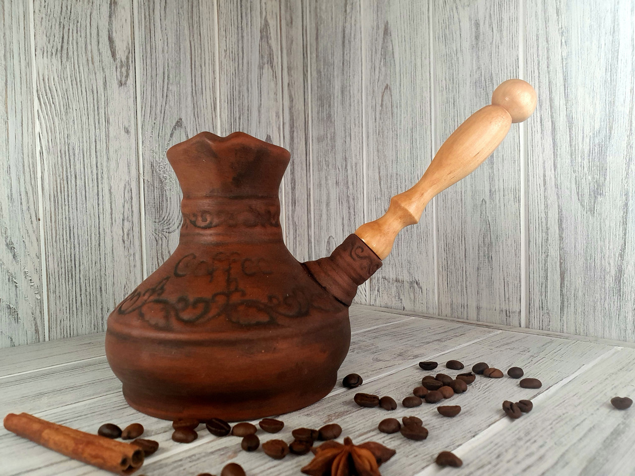 Турка джезва Слав Керам червона кераміка "Coffee" 600 мл з дерев'яною ручкою