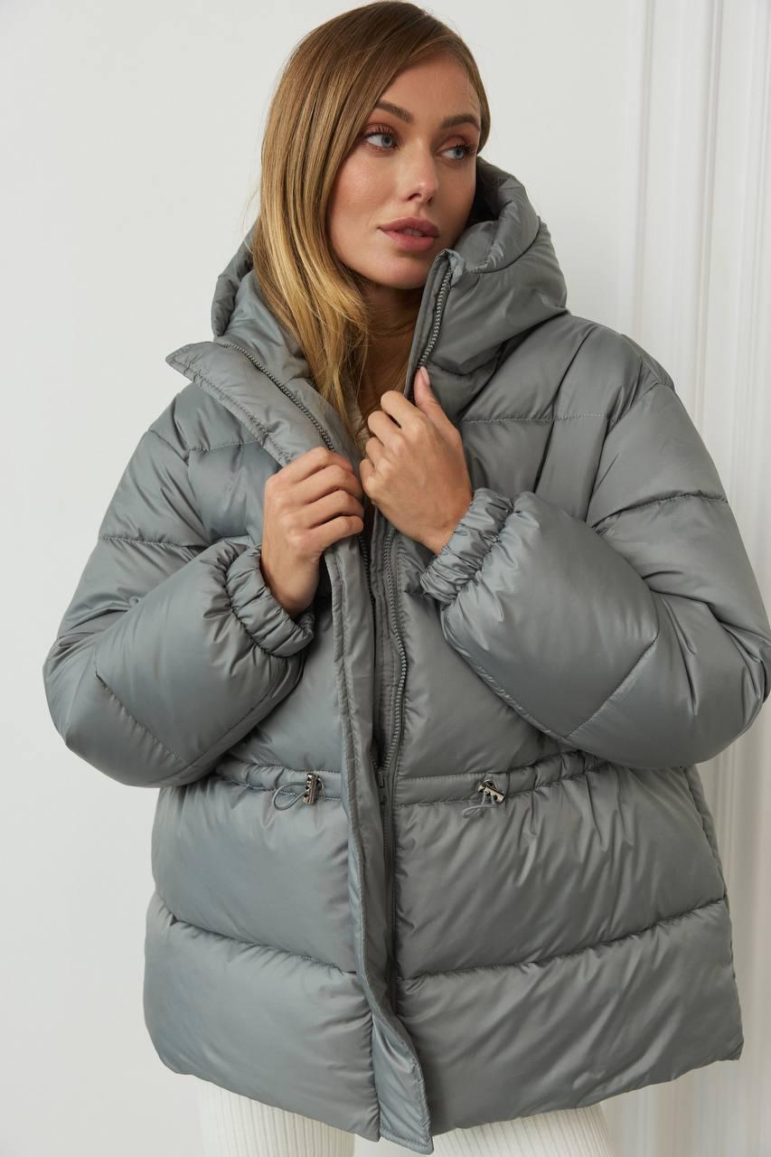Пуфер куртка з капюшоном куртка зимова коротка з куліскою на талії, фото 1
