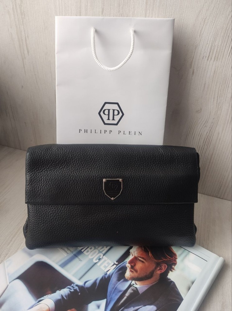 Чоловіча шкіряна барсетка клатч Philipp Plein чорна