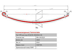 Аркуш ресори No2 передній МАЗ ЄВРО (L = 1900 мм) 90*24*1900 (пр.о КАМАХ) КМ6516V8-2902102