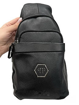 Чоловіча шкіряна сумка, слінг, тканинний ремінь, Philipp Plein, 15*29*8 см, 931492
