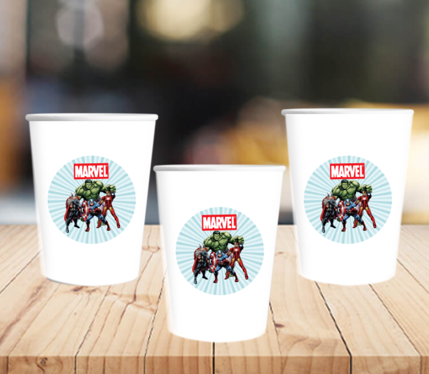 Стаканчики "Супергерої. Месники" білі паперові з круглою наклейкою (поштучно)