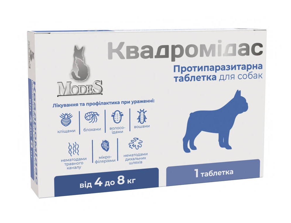 Modes Протипаразитарні таблетки Квадромідас для собак від зовнішніх та внутрішніх паразитів 4-8кг - 1 уп (1 шт)