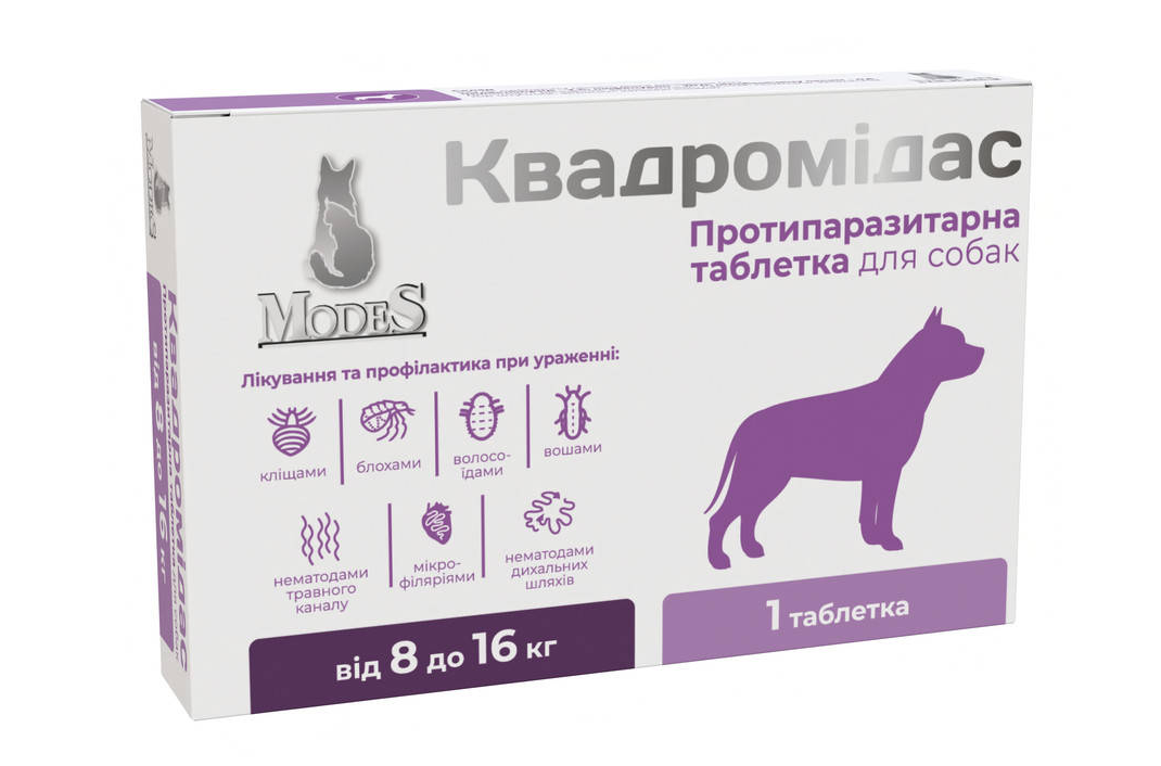 Modes Протипаразитарні таблетки Квадромідас для собак від зовнішніх та внутрішніх паразитів 8-16кг - 1 уп (1 шт)
