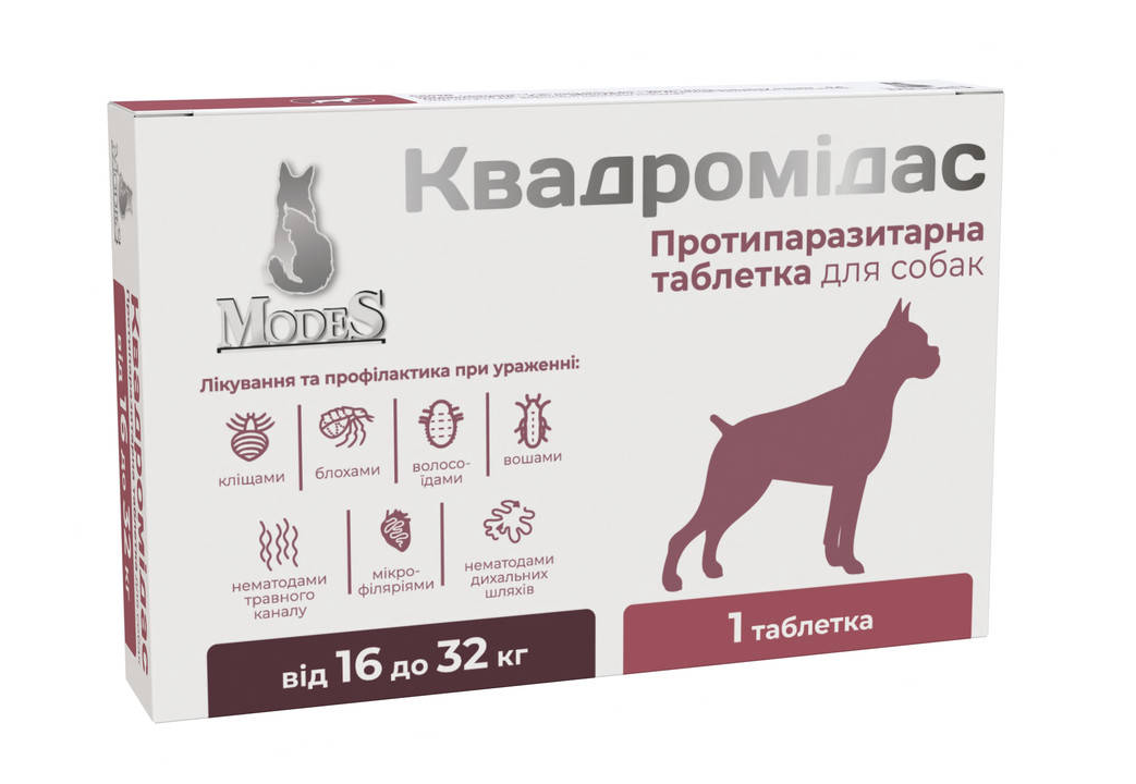 Modes Протипаразитарні таблетки Квадромідас для собак від зовнішніх та внутрішніх паразитів 16-32кг - 1 уп (1 шт)