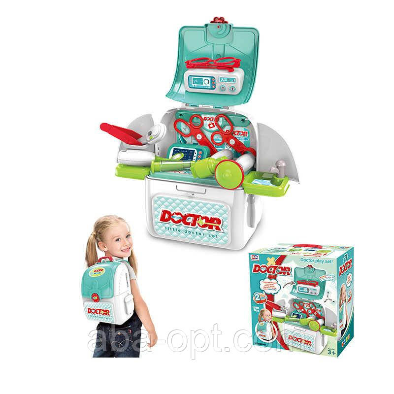 Набір лікаря 008-965 (16) 2 в 1, рюкзак трансформується в медичну стійку, медичне приладдя, наліпки, висота стійки - 40 см, в, фото 1