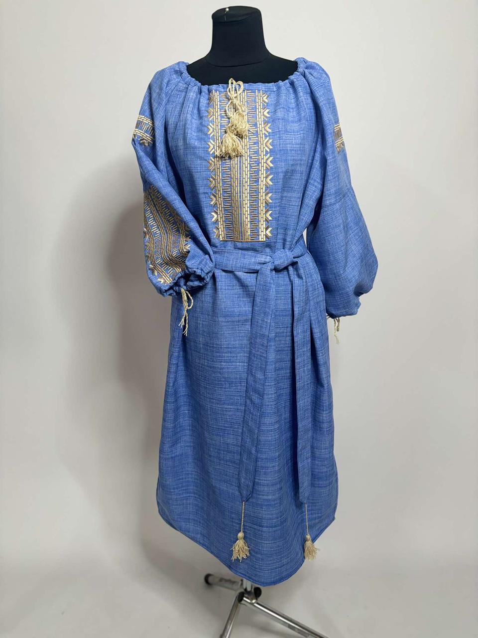 Вишита сукня "Літній небокрай", льон меланж, блакитна\золото