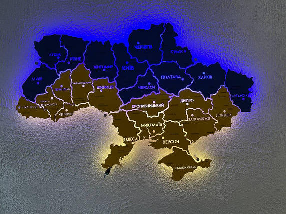 Дерев'яна мапа України на стіну з підсвіткою між областями на акриловій основі колір UA, фото 1