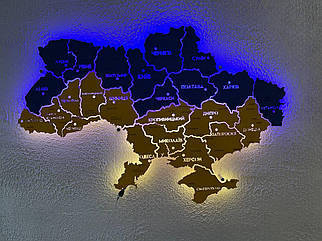 Дерев'яна мапа України на стіну з підсвіткою між областями на акриловій основі колір UA