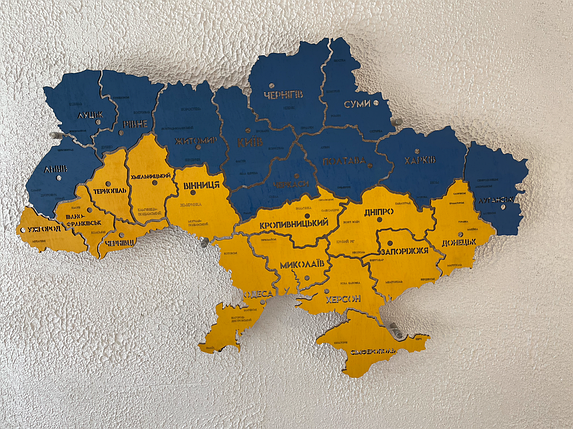 Дерев'яна мапа України на стіну з підсвіткою між областями на акриловій основі колір UA, фото 3